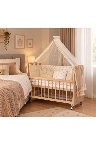 Bamgidoo Ahşap Anne Yanı Bebek Beşiği 60x120 Portatif Tekerlekli Boyasız