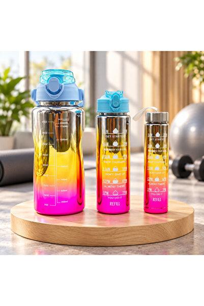 Sense Çok Renkli 2000 ml 3'lü Motivasyon Matara Seti Büyük Boy Spor Su Şişesi
