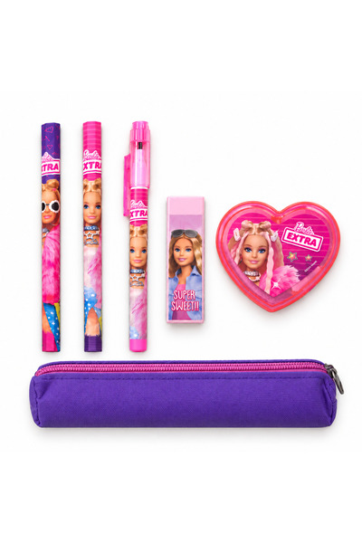 Barbie Düş Kutusu Lisanslı Hediye Kırtasiye Okul Seti - Mor Kalemlik Kalp Kal...