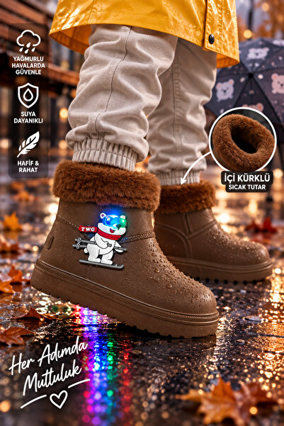 Twingomax Su Geçirmez Çocuk Kışlık Işıklı İçi Kürklü Yağmur Kar Çizme Unisex