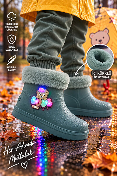 Twingomax Su Geçirmez Çocuk Kışlık Işıklı İçi Kürklü Yağmur Kar Çizme Unisex