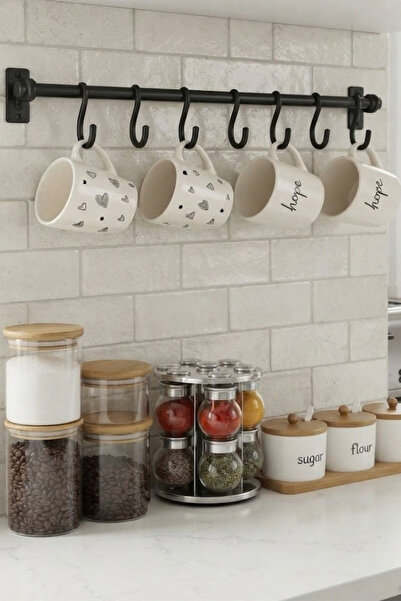 UG Home Siyah Retro 6 lı Sıra Askı Dekoratif Retro Mutfak Havlu Askısı , Finc...