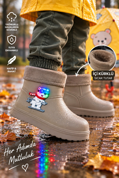 Twingomax Çocuk Kışlık Emojili Işıklı Konforlu Yağmur Çizmesi Unisex