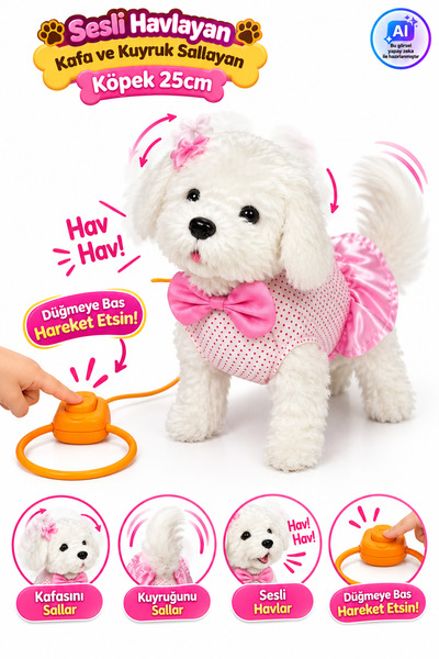 YILDIRIM OYUNCAK Peluş Tasmalı Yürüyen Fiyonklu Köpek 25 cm Sesli Havlayan Ka...