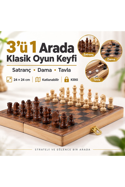Lüks Ahşap 3'ü 1 Arada Satranç Dama Tavla Seti 24 x 24 cm Katlanabilir Kilitli Taşınabilir Oyun Seti