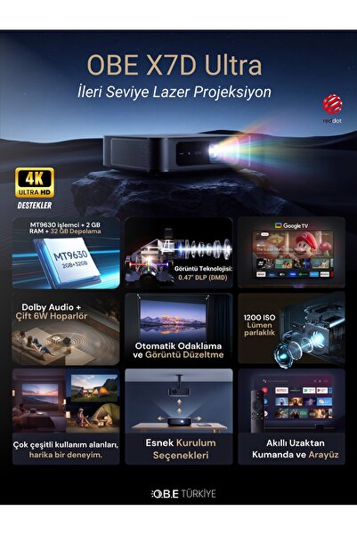 OBE X7D Ultra Google TV Destekli 1200 ISO Otomatik Odaklı Akıllı Lazer Projek...