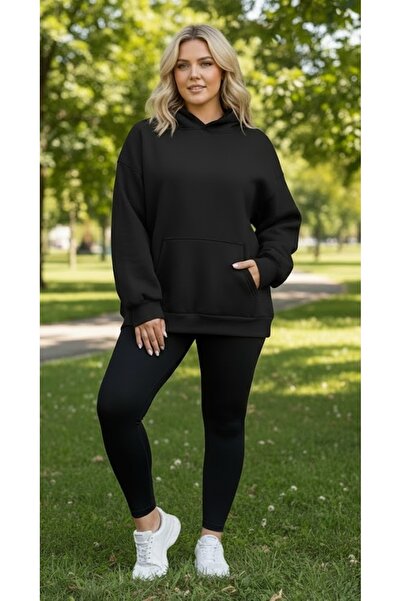 LADY HAZAL Black Hooded Model Oversize Fit Regular Unisex Sweatshirt