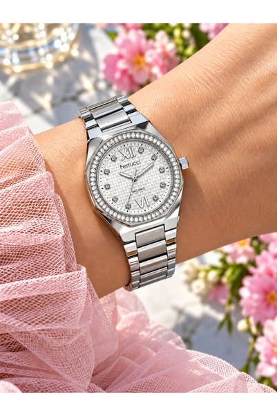 Ferrucci White Dial Silver Steel Band Women's Wristwatch Evil Eye Beaded Bracelet