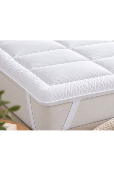 HOME AURAA Prima King Mattress Topper 180 x 200 cm x 4cm– Microfiber Stripe Super Soft Fabric, Firm & Extra Thick Fiber Sheet with Highly Elastic Bands, White