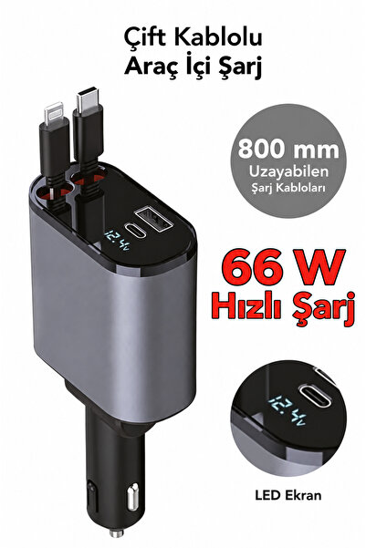 mimtec 66W Çift Kablolu Araç İçi Şarj Aleti - LED Ekranlı Hızlı Şarj 4in1 2.4...