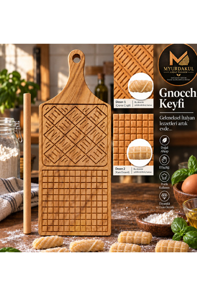 mYURDAKUL Çift Desenli Gnocchi Tahtası Kare & Çizgili İtalyan Makarna Tahtası...