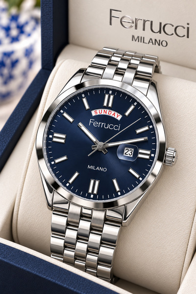 Ferrucci Multifonksiyon 2 Yıl Garantili Su Geçirmez Kronometre Çelik Kasa Çel...