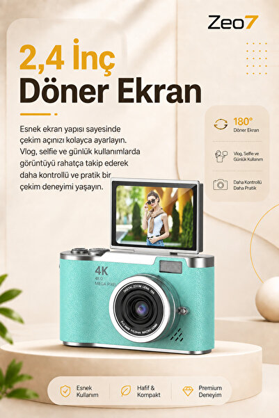 Zeo7 4K Dijital Fotoğraf Makinesi 48 MP Çözünürlük, Flip Ekran, 18X Dijital Z...