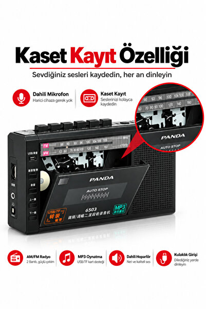 ULTRATEKNO Panda 6503 25W Kaset Çalar Radyo USB/TF  Kaydedici Bant Mikrofon Çok Fonksiyonlu Müzik Çalar