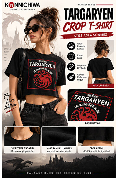 FG KONNİCHİWA Tricou crop negru pentru femei, cu imprimeu Dragon Targaryen di...
