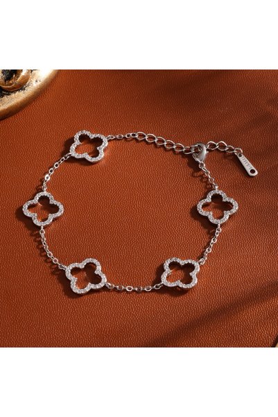 Choice Silver Color Elegant Female Stainless Steel Bracelet With Zircon Four-...