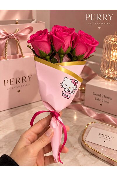 Perry Accesories 3 lü pembe kokulu gül stickerlı çiçek buketi özel tasarım çi...