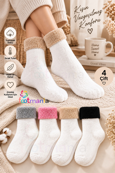 footmania 4'lü Kadın Lastiği Peluş Sıcak Çorap Seti (SOFT TOUCH)
