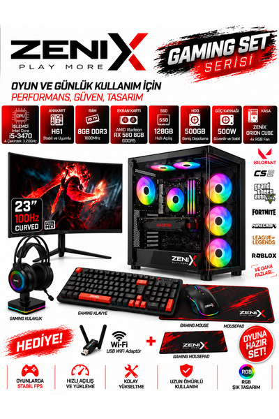 Zenix Gaming Zenix Pro Lite i5-6500 8GB Ram 128GB SSD 500GB HDD 24" Kavisli M...