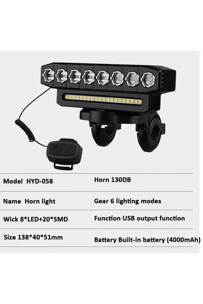Choice مصباح أمامي للدراجة بـ 8 مصابيح LED مع جرس 130 ديسيبل، إضاءة أمامية قا...
