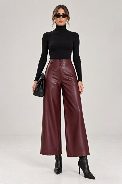 Grenj Fashion Bordo Bilek Boy Yüksek Bel Wide Leg Suni Deri Pantolon