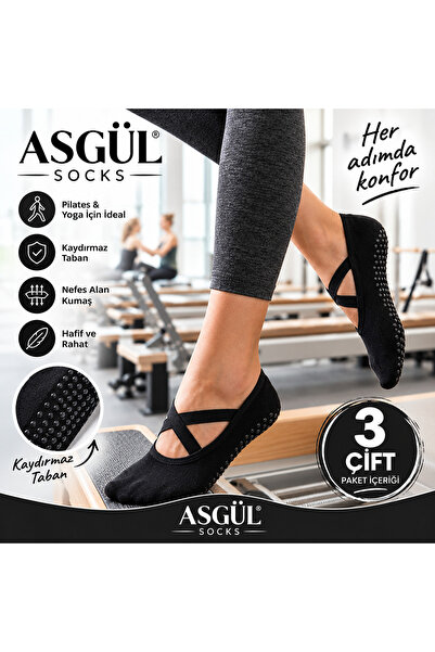 ASGÜL SOCKS ألواح جوارب اليوغا 3 أزواج مع قاعدة سيليكون