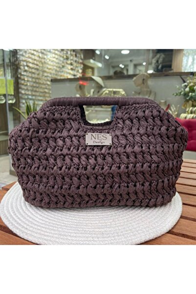 Genel Markalar Kahverengi Rafya İp Burslu Clutch Çanta