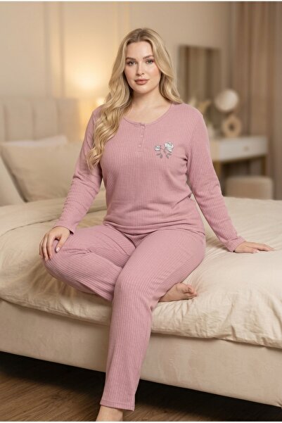 GOOD NİGHT Kadın Büyük Beden Gül Kurusu Çiçek Nakışlı Düğmeli Interlok Pijama...