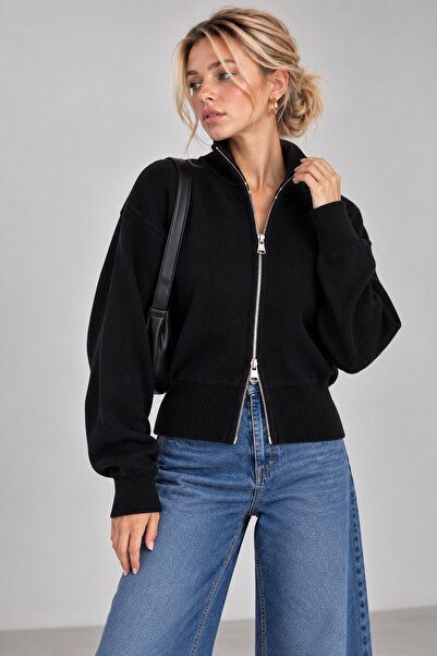Lusin Women's Black Stand Collar Double Zipper Stylish Knitwear Cardigan