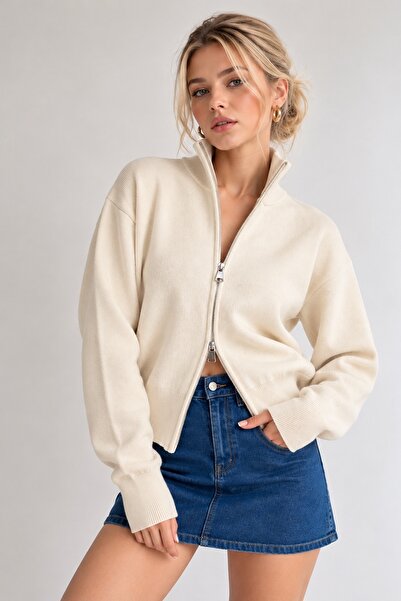 Lusin Women's Ecru Stand Collar Double Zipper Stylish Knitwear Cardigan