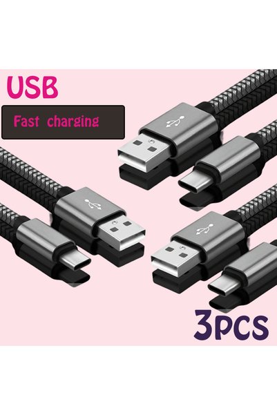 Choice كابل بيانات نايلون رمادي بطول 2 متر، 3 قطع، شاحن سريع من USB A إلى Typ...