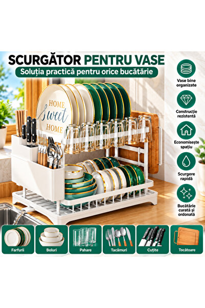 Versatyx Scurgător de vase alb, etajat, cu suport pentru tacâmuri și pahare, ...