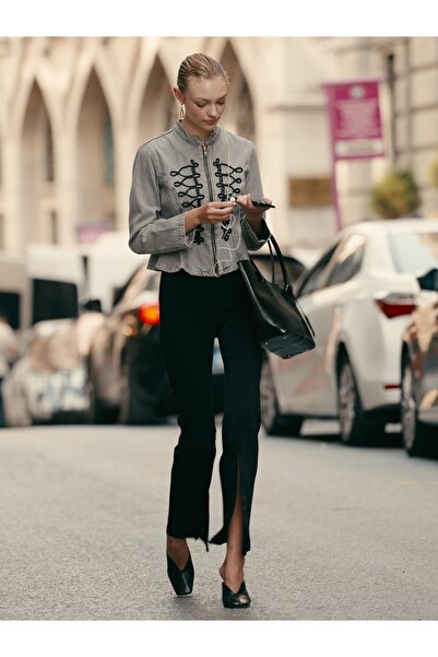 Dilvin 73037 Zipper Detailed Flare Pants-Black