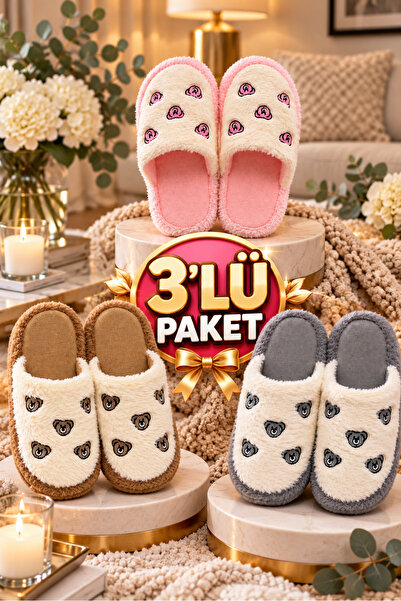 Moda Frato 3'lü Paket LOVELY Kapalı Kadın Terlik Ev Terliği Ses Yapmayan Taba...