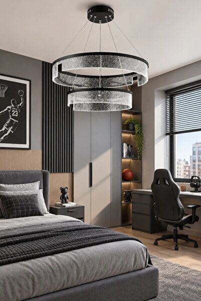 Elvora Home Modern (PREMİUM) Cam LED Sarkıt Avize Siyah Çift Halkalı Dekorati...