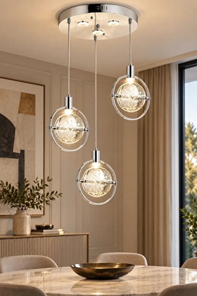 Elvora Home Modern (PREMİUM) 3’lü Sarkıt Avizesi Cam Küre LEDli 15W Beyaz Işı...