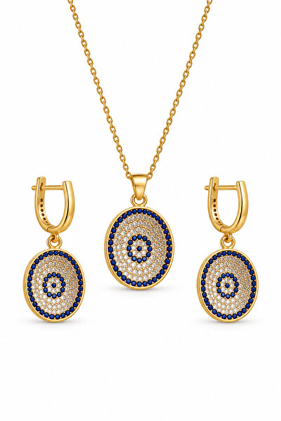 Shinestar atelier Nazar Sembollü Lacivert ve Şeffaf Zirkon Taşlı Gold Renk Ka...