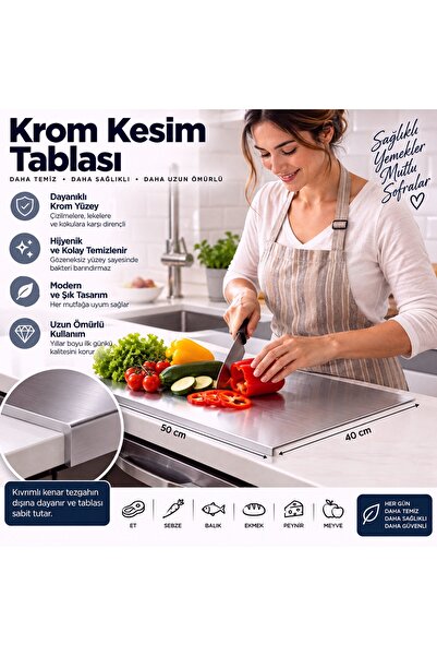 Krom Kesme Tahtası - Paslanmaz Çelik Doğrama ve Hazırlık Tezgahı 30x40cm