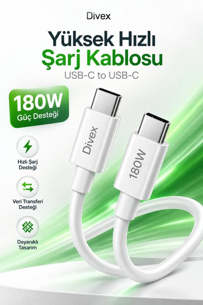 Divex iPhone Ve Android Uyumlu 1 Metre Type-C 180W Hızlı Şarj Kablosu