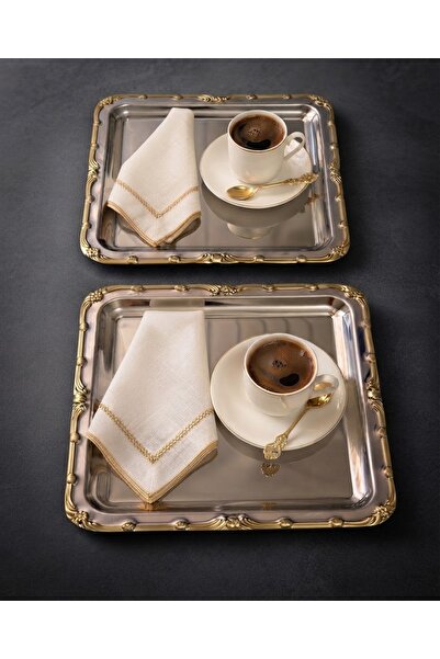 Elzemm store PASLANMAZ ÇELİK KARE 2 ADET KENARI GOLD DESENLİ ÇAY KAHVE TEPSİS...