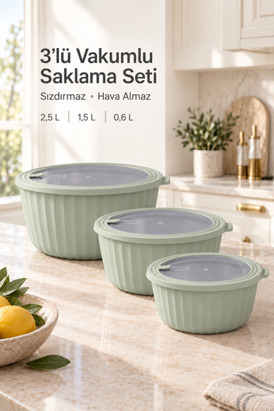 Store HGY Home Vakumlu Şeffaf Kapaklı Premium 3'lü Set Yeşil Saklama Kabı 2.5...