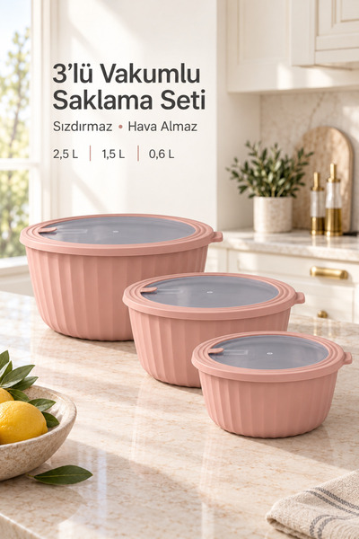 Store HGY Home Vakumlu Şeffaf Kapaklı Premium 3'lü Set Pembe Saklama Kabı 2.5...