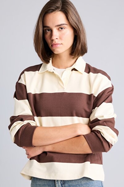 DeFacto 100% Cotton Long Fit Polo Collar Long Sleeve Striped Sweatshirt I2960...