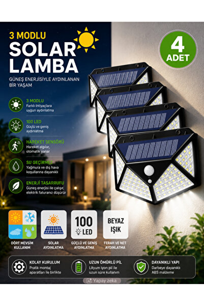 Unichrome 4'lü Paket 100 Led Güneş Enerjili Hareket Sensörlü 4 Taraflı Aplik ...