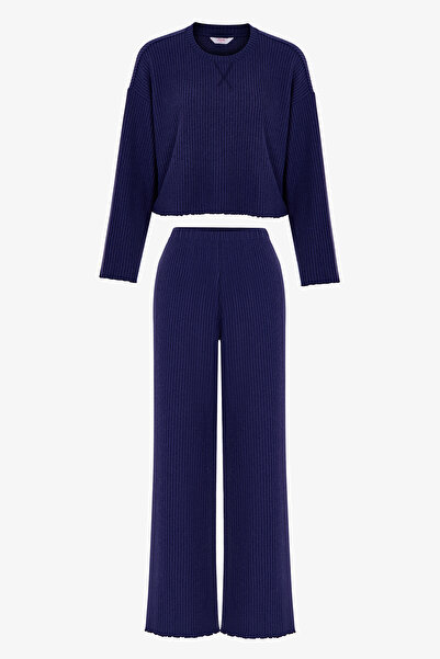 Penti Lacivert Navy Waffle Pantolon Uzun Kollu Pijama Takımı