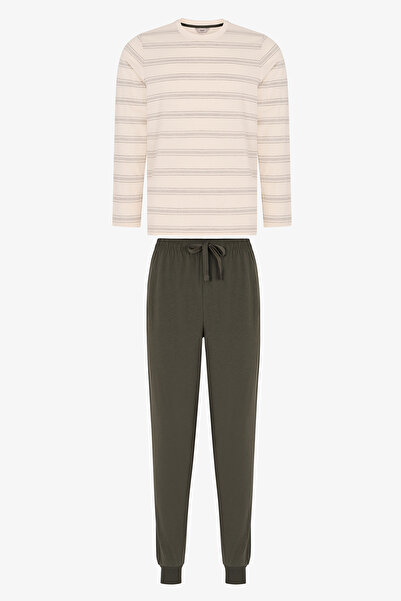 Penti Men's Moss Striped Long Sleeve Jogger Pajama Set