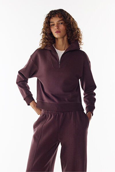 Penti Koyu Bordo Yarım Fermuarlı Şardonlu Sweatshirt