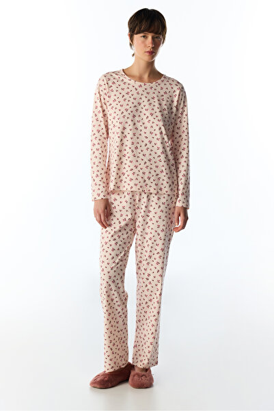 Penti Açık Pembe Petal Çiçekli Uzun Kollu Pantolon Pijama Takımı