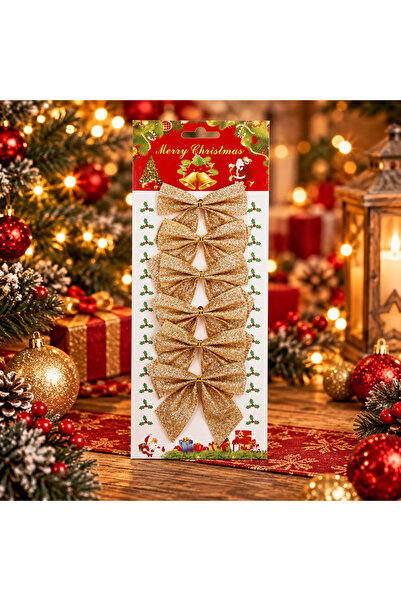 SERSIMO Set de 6 ornamente pentru brad de Crăciun, fundă, 8 cm, aurii