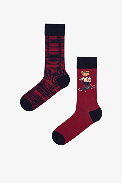 Penti Erkek Kırmızı Ski Buddy Yeni Yıl Desenli Pamuklu 2 Çift Soket Çorap